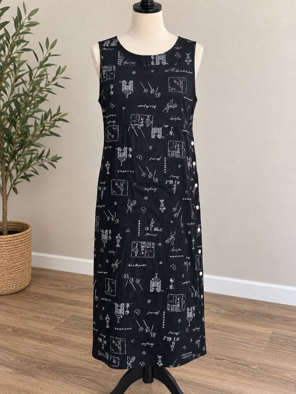 Vintage ERIKA II Collection 1X Linen Rayon Black White Garden Print Midi Dress